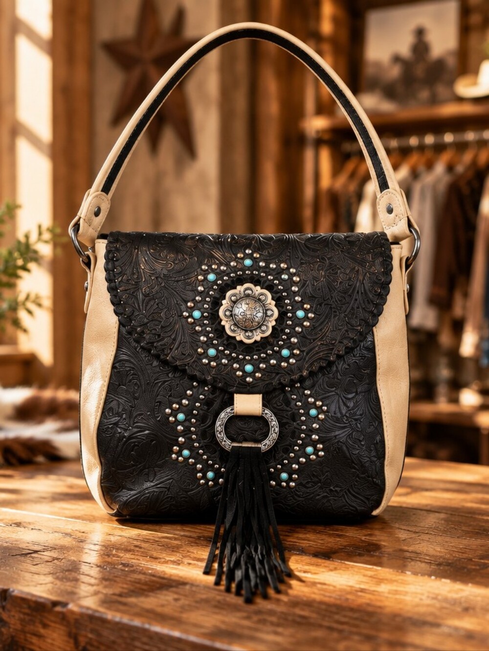 Montana West Black and Beige Floral Embossed Shoulder Bag with Concho Accent